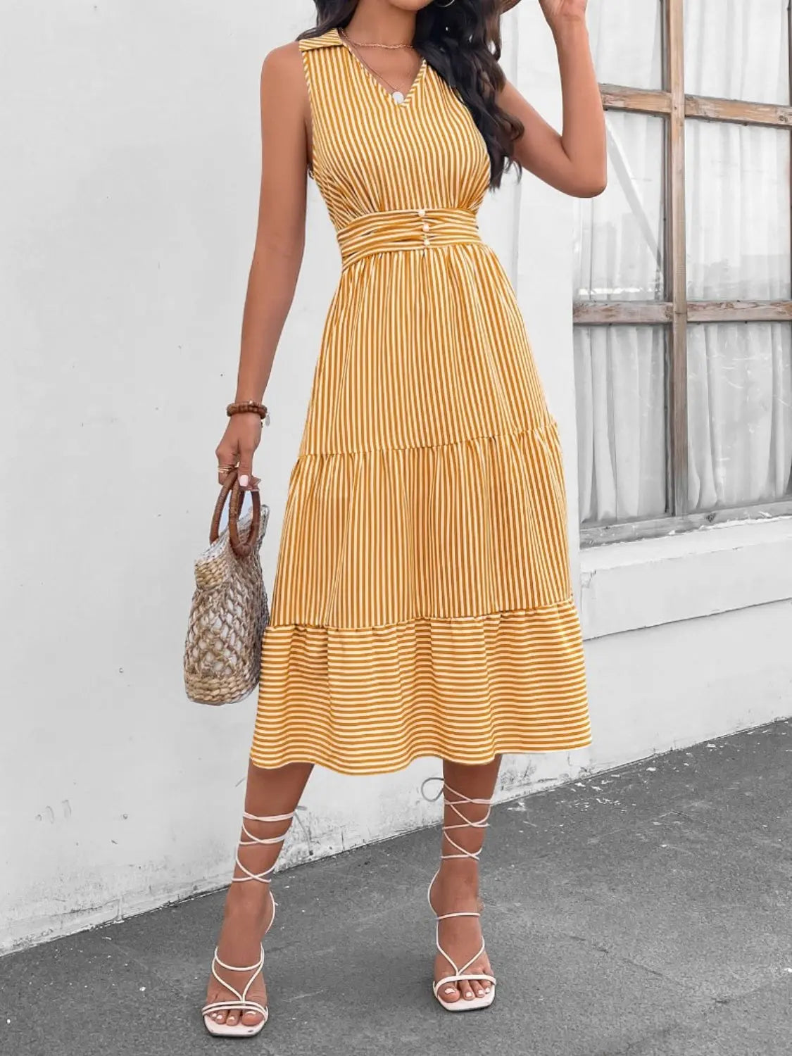 Striped  Sleeveless Midi Dress -BazaarBey - www.shopbazaarbey.com