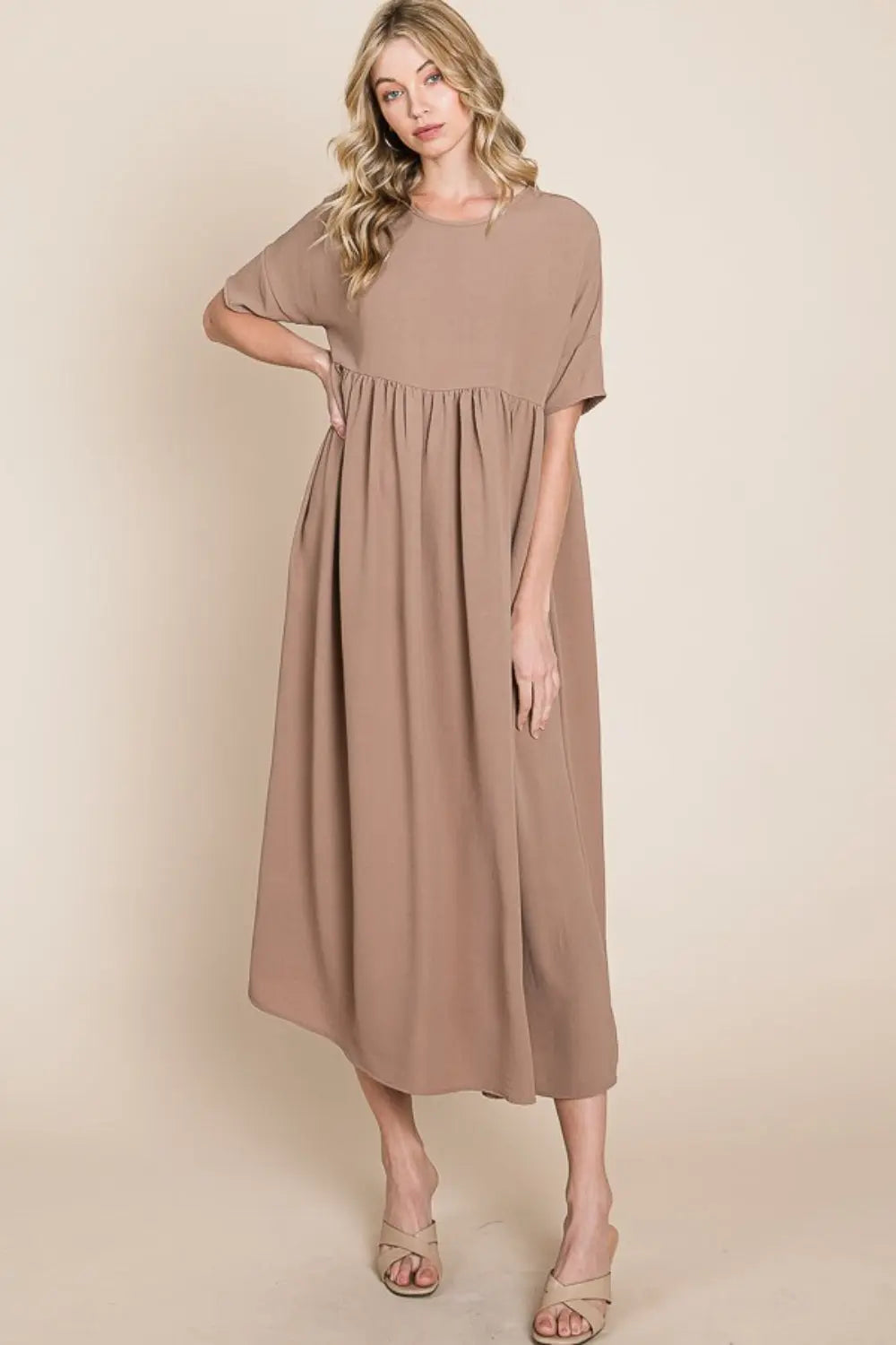  Round Neck Ruched Midi Dress -BazaarBey - www.shopbazaarbey.com