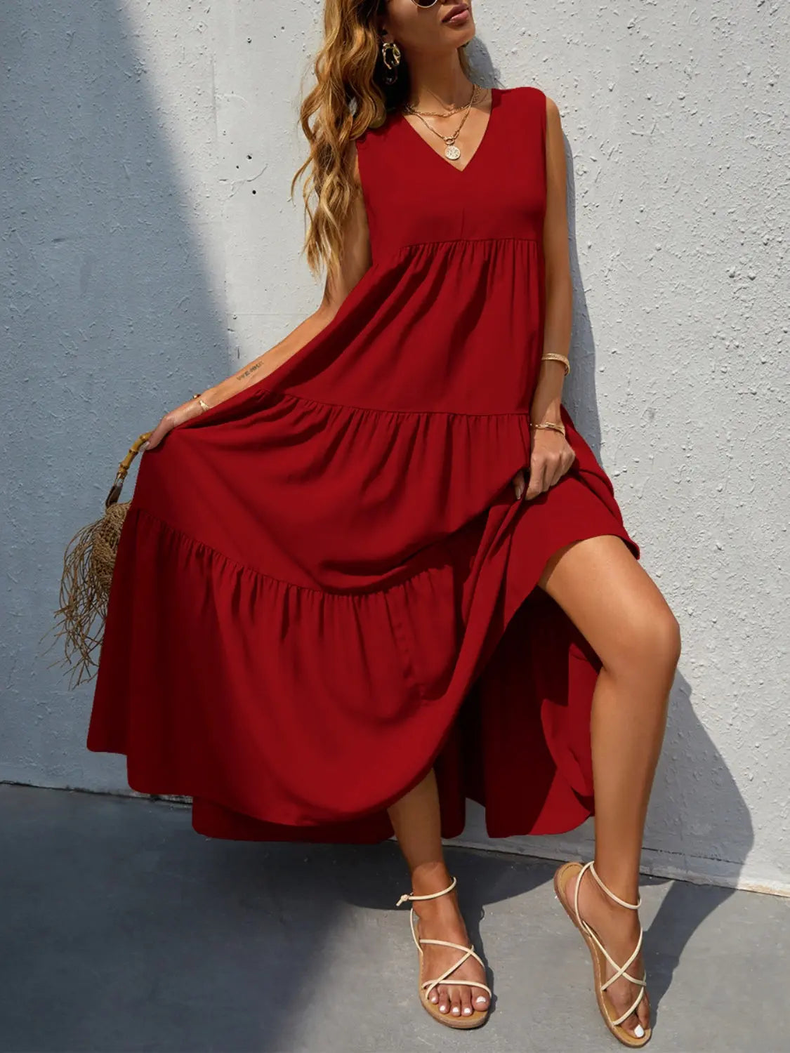 Tiered V-Neck Sleeve Dress -BazaarBey - www.shopbazaarbey.com