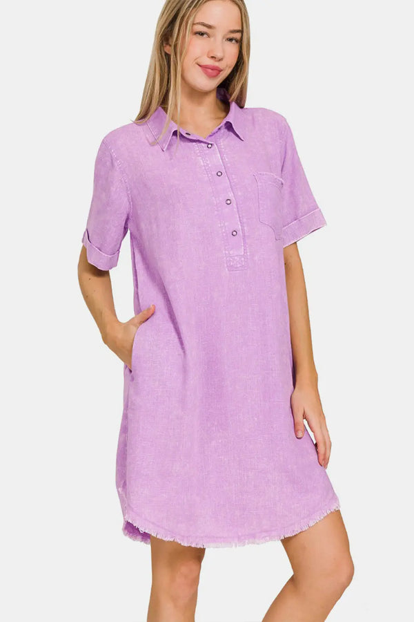  Washed Linen Raw Hem Dress with Pockets -BazaarBey - www.shopbazaarbey.com
