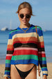 Rainbow Stripe Openwork Long Sleeve Cover-Up Trendsi