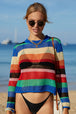 Rainbow Stripe Openwork Long Sleeve Cover-Up Trendsi