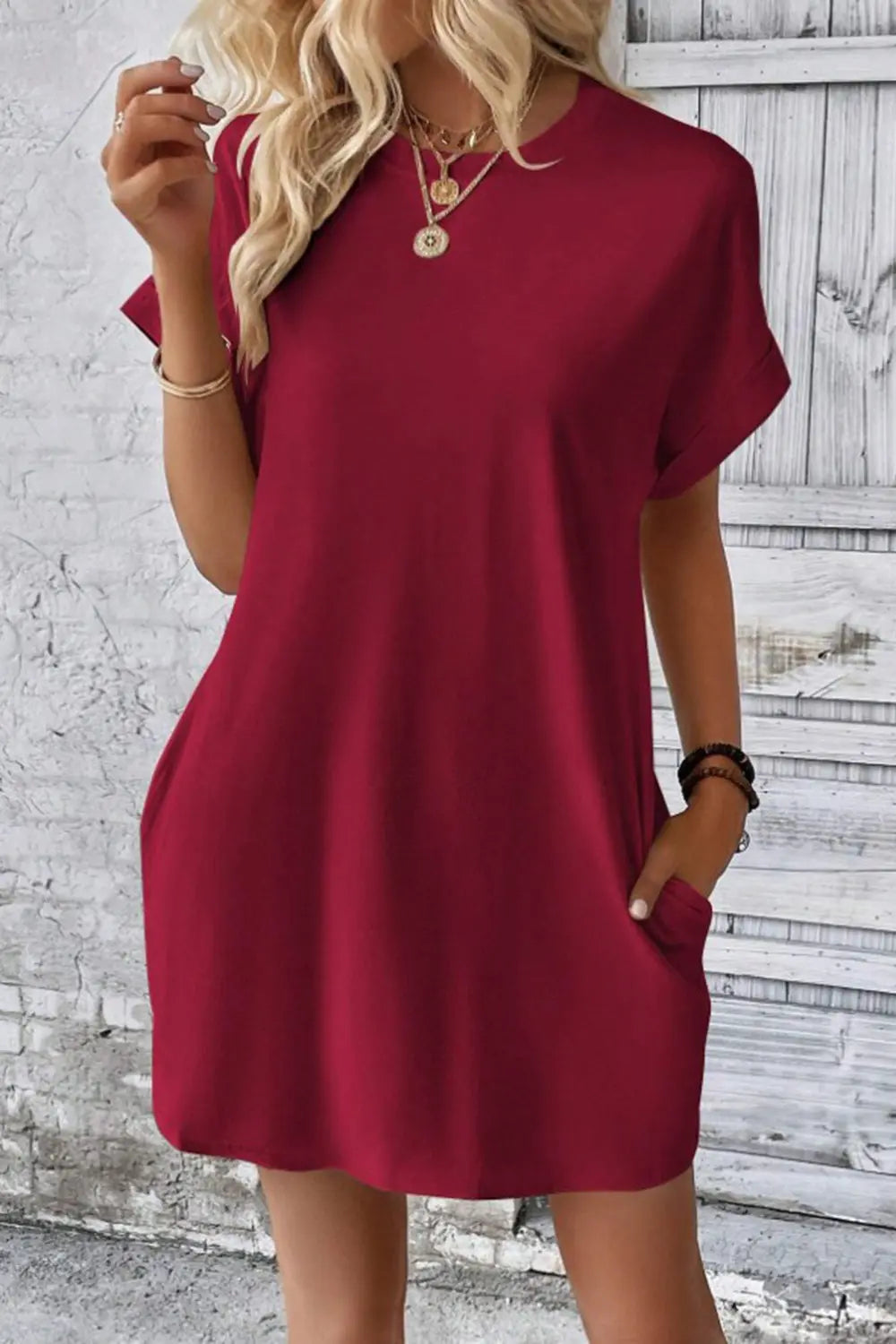Pocketed Round Neck Short Sleeve Dress -BazaarBey - www.shopbazaarbey.com