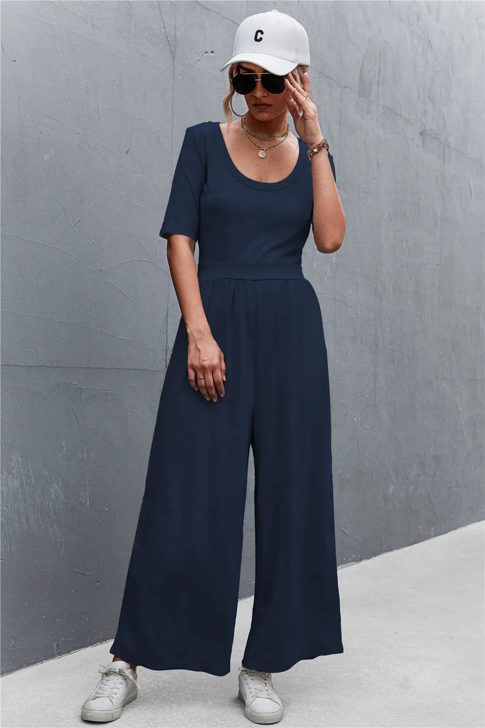Scoop Neck Half Sleeve Wide Leg Jumpsuit Trendsi