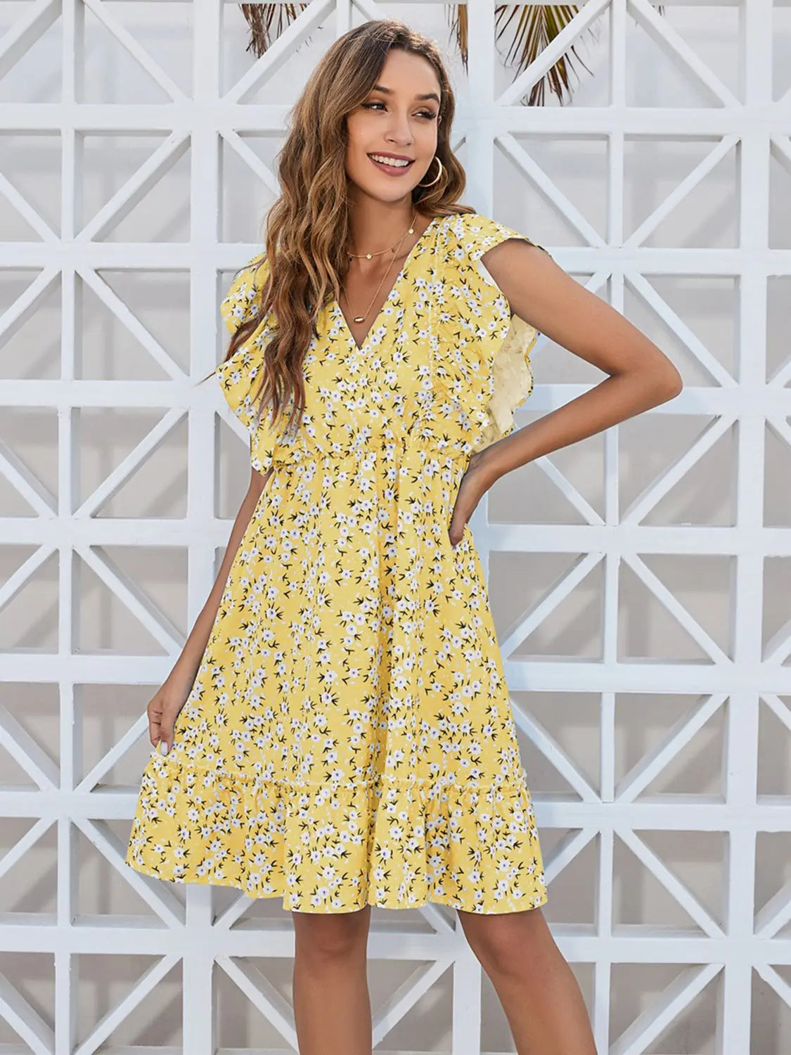 Ruffled  Floral  Mini Dress -BazaarBey - www.shopbazaarbey.com