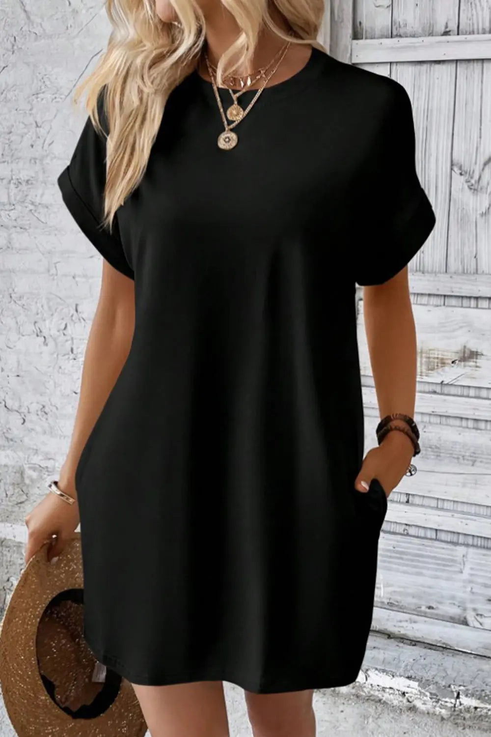 Pocketed Round Neck Short Sleeve Dress -BazaarBey - www.shopbazaarbey.com