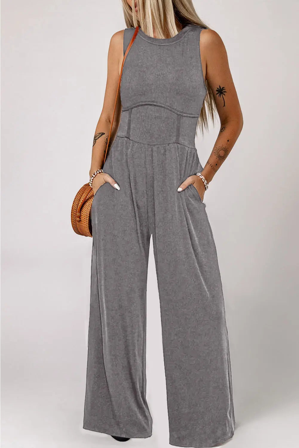 BazaarBey Round Neck Sleeveless Jumpsuit with Pockets 