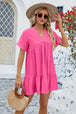 Ruched Tiered V-Neck Short Sleeve Mini Dress -BazaarBey - www.shopbazaarbey.com