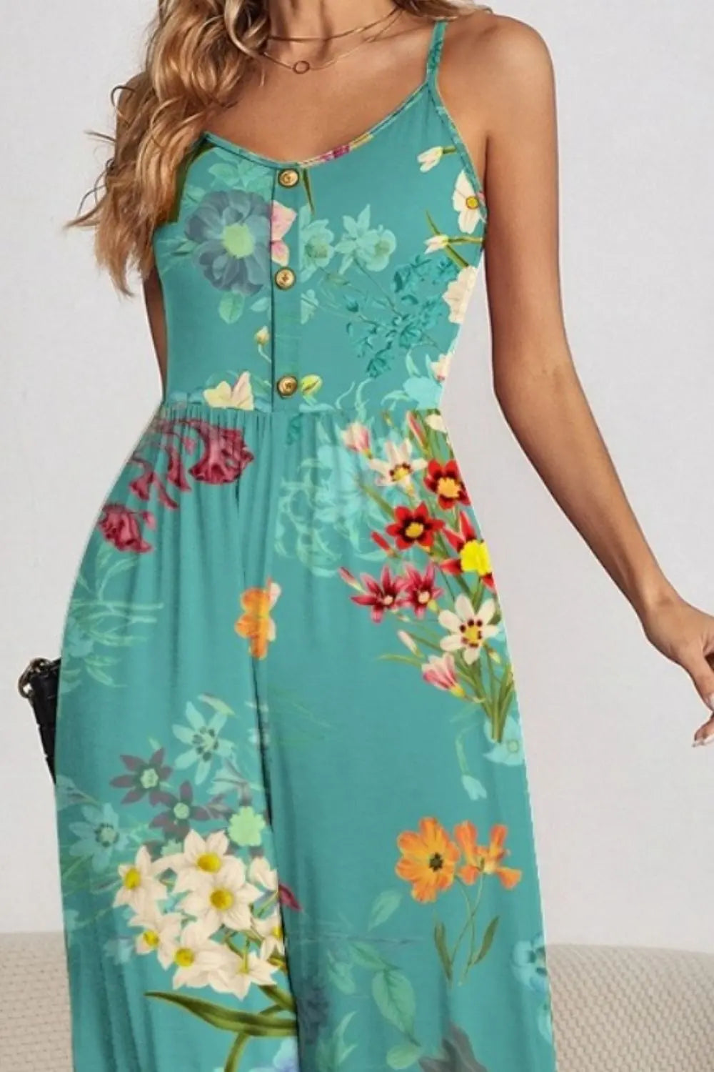 Decorative Button Spaghetti Strap Wide Leg Jumpsuit Trendsi