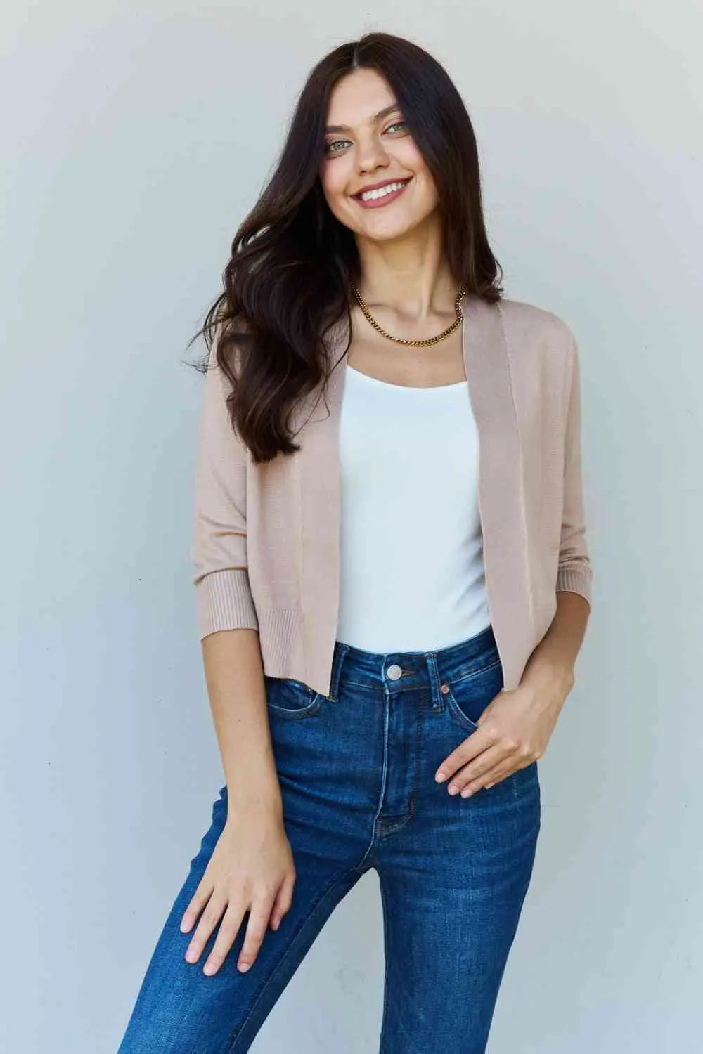  My Favorite  3/4 Sleeve Cropped Cardigan in Khaki Bazaarbey
