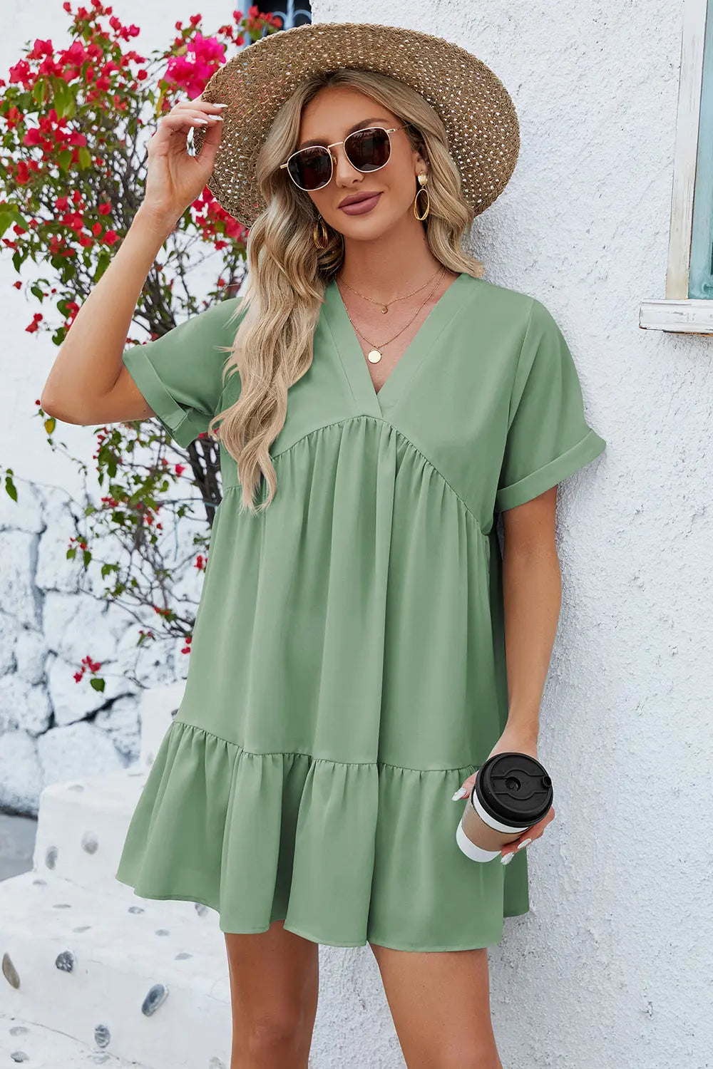 Ruched Tiered V-Neck Short Sleeve Mini Dress -BazaarBey - www.shopbazaarbey.com