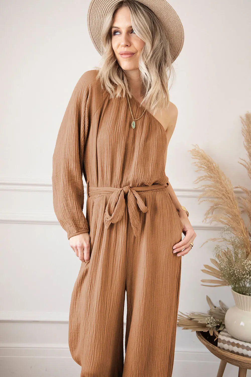 Texture Single Shoulder Tie-Waist Jumpsuit Trendsi