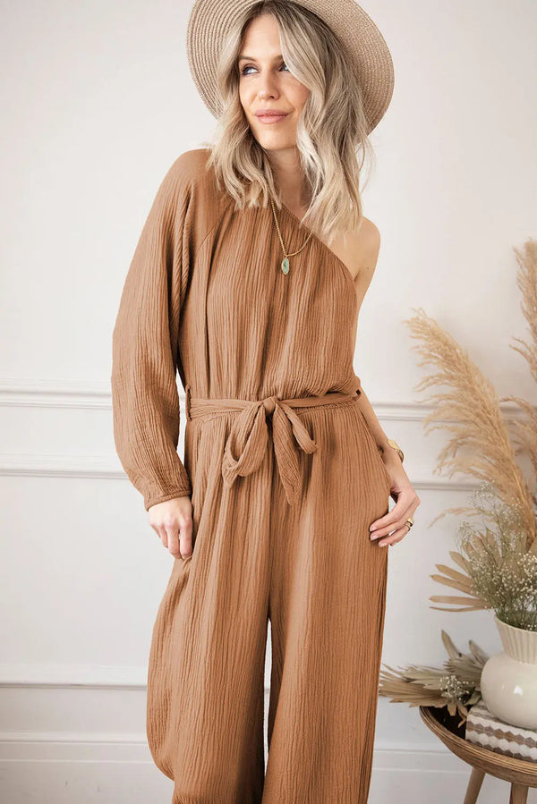 Texture Single Shoulder Tie-Waist Jumpsuit Trendsi
