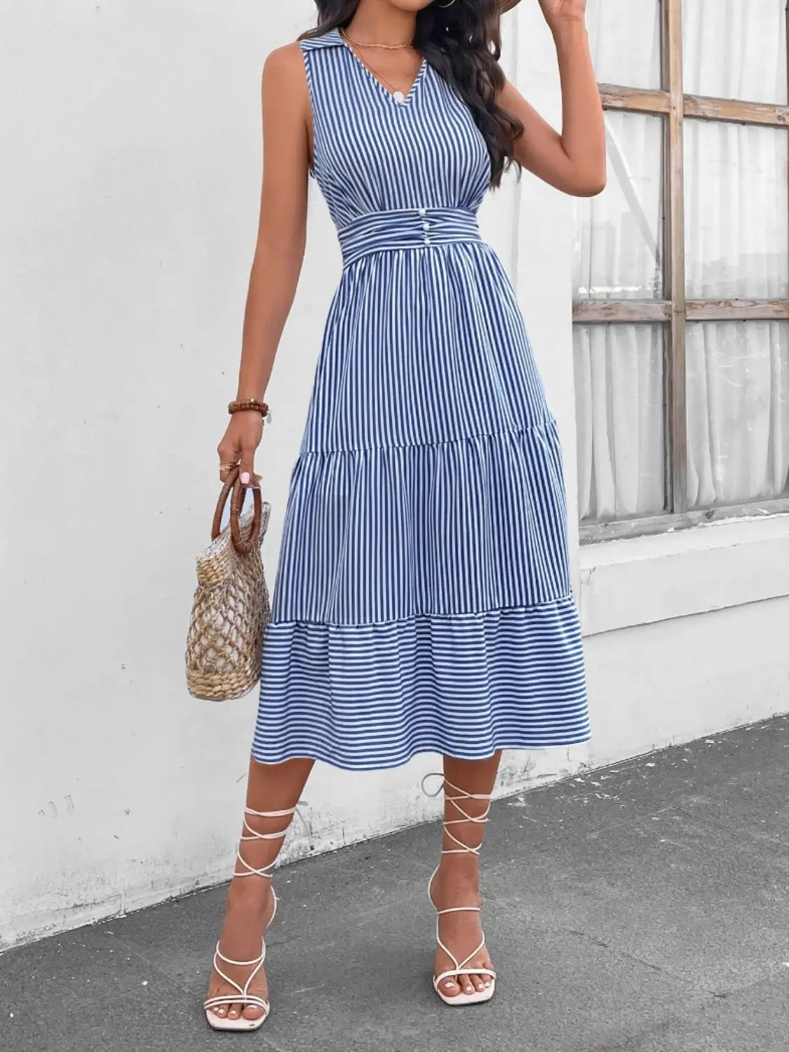 Striped  Sleeveless Midi Dress -BazaarBey - www.shopbazaarbey.com
