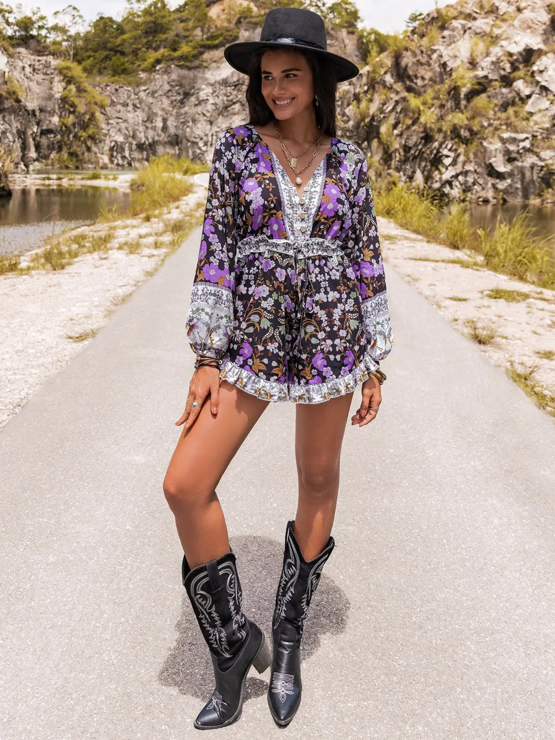 Printed  Half Button Balloon Sleeve Romper Trendsi