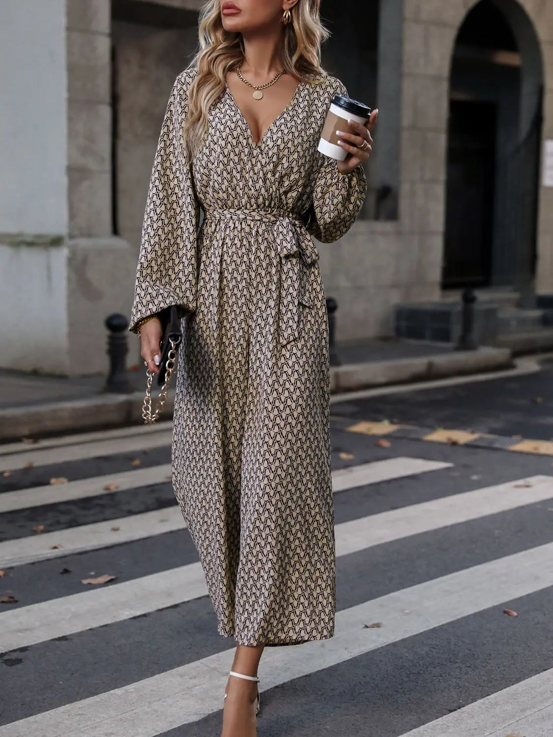 Printed Surplice Neck Tie Waist Wide Leg Jumpsuit Trendsi