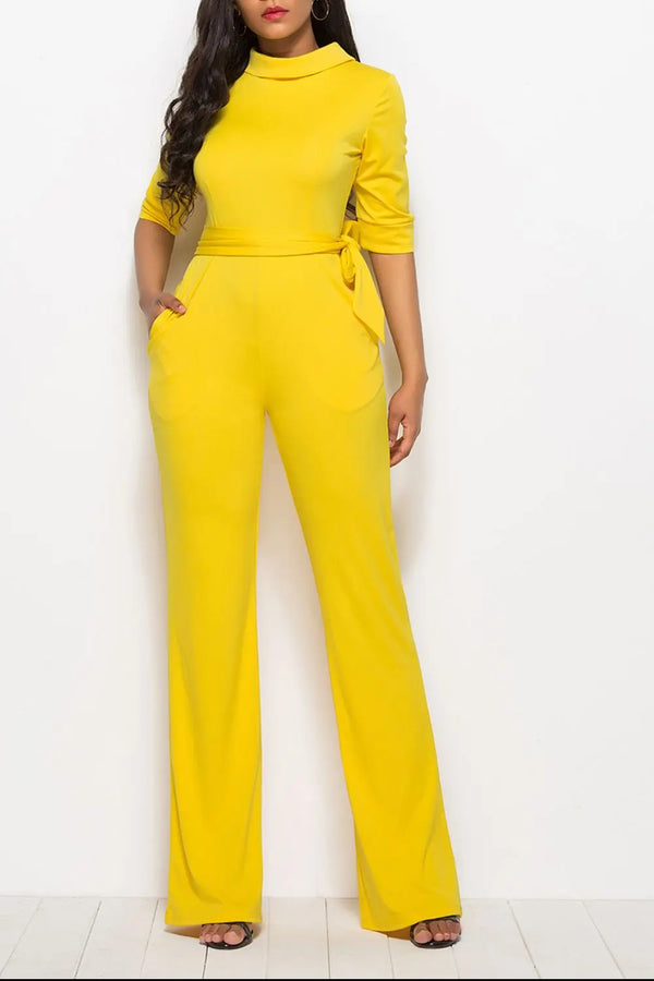 BazaarBey Mock Neck Tie-Waist Half Sleeve Jumpsuit 