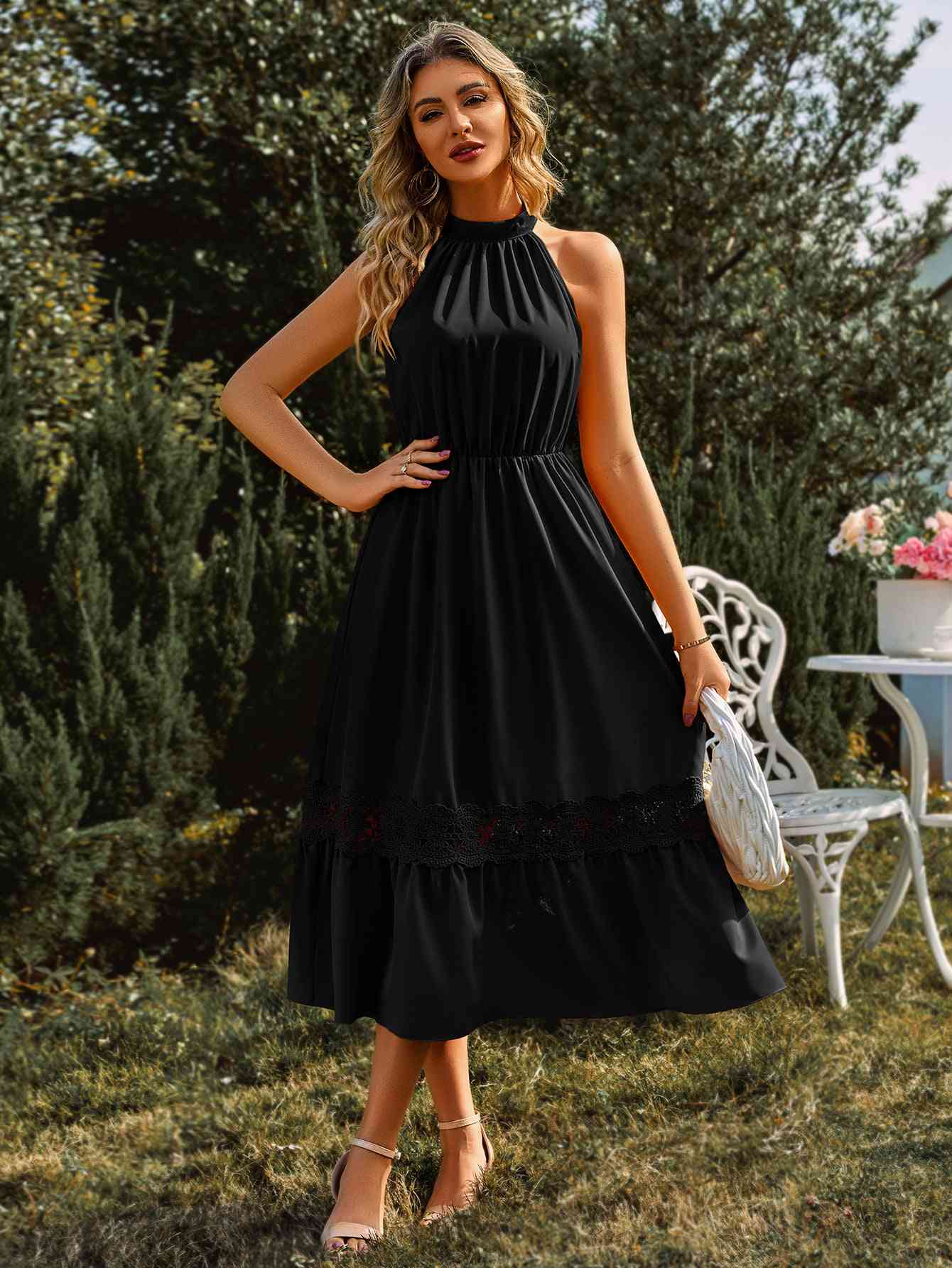  Neck Spliced Lace Midi Dress -BazaarBey - www.shopbazaarbey.com