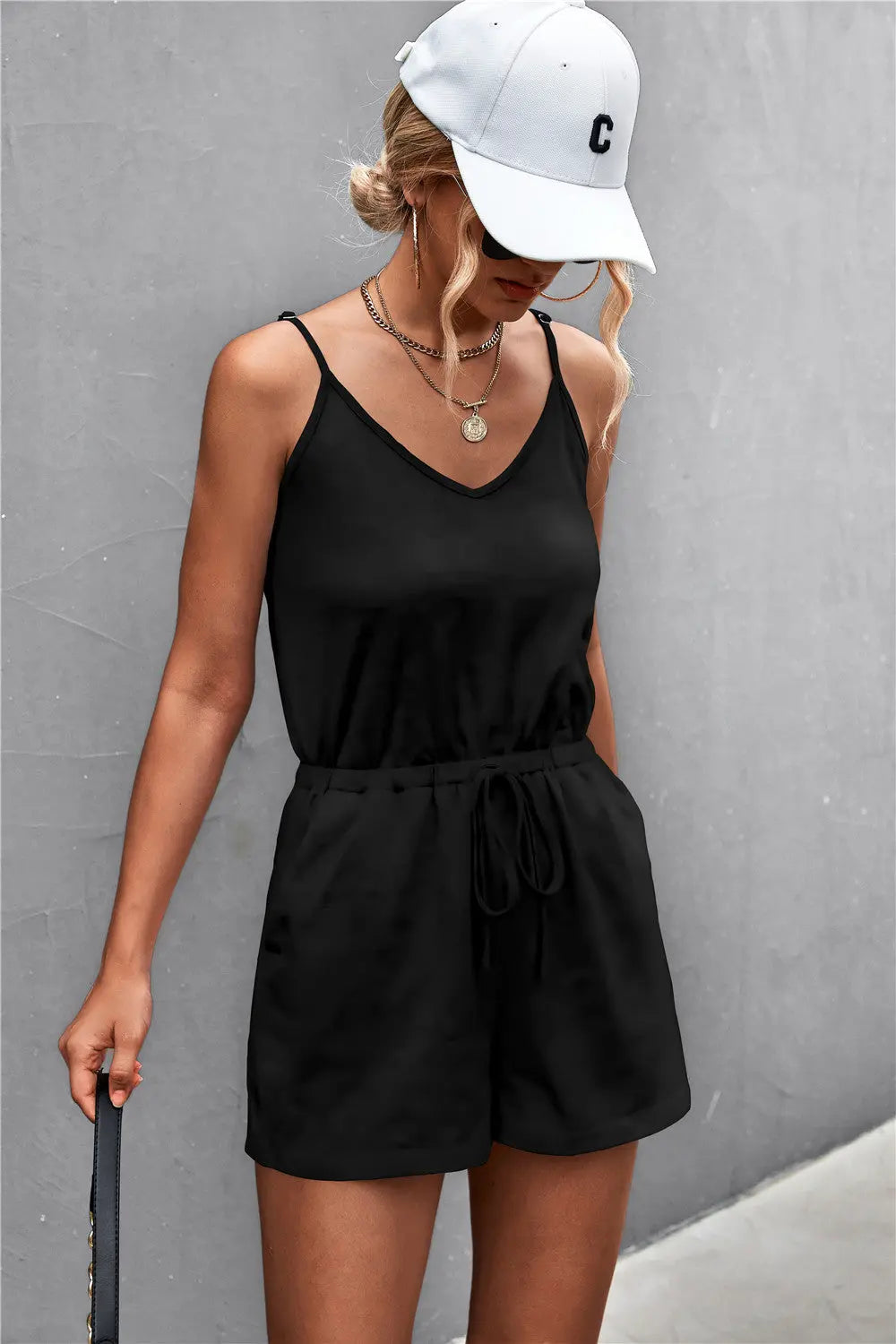 Spaghetti Strap V-Neck Pocket Romper Trendsi
