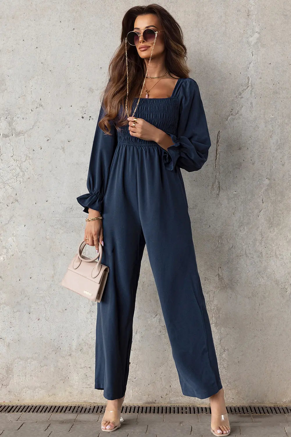 Smocked Long Flounce Sleeve Square Neck Jumpsuit Trendsi