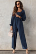 Smocked Long Flounce Sleeve Square Neck Jumpsuit Trendsi