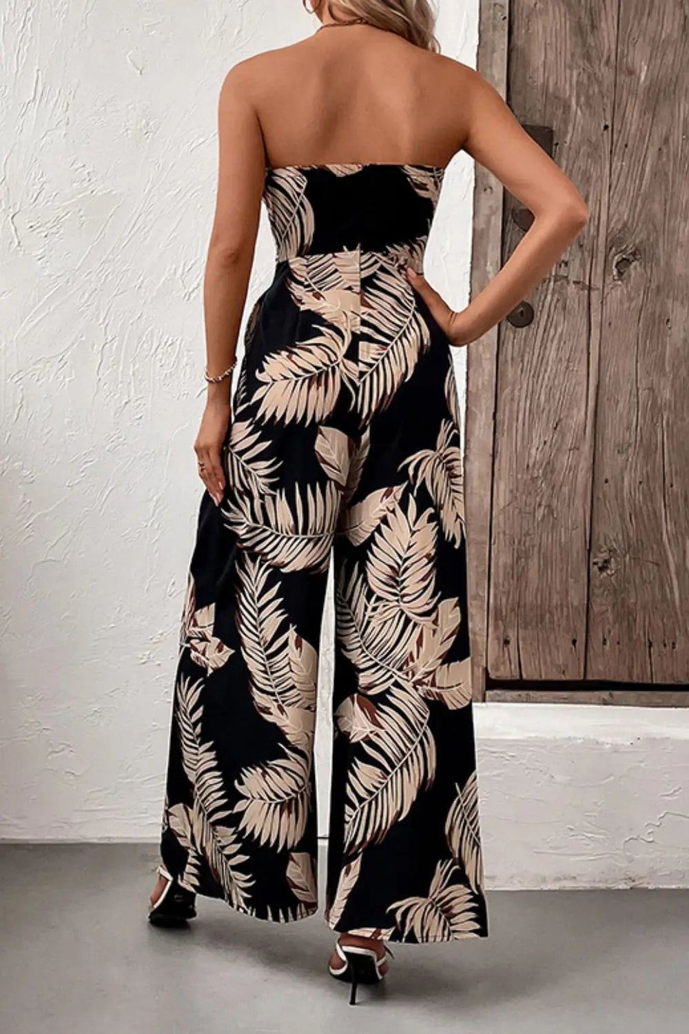 Printed Strapless Wide Leg Jumpsuit with Pockets Trendsi