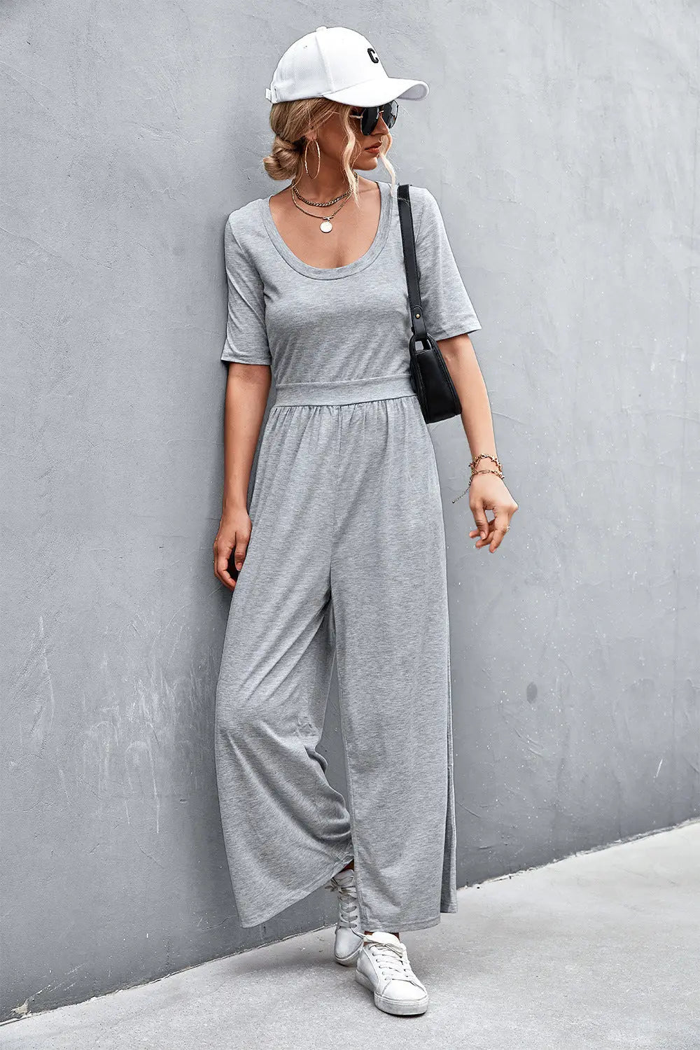 Scoop Neck Half Sleeve Wide Leg Jumpsuit Trendsi