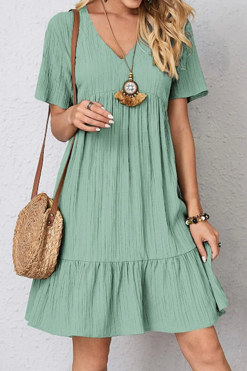 Full Size Ruched V-Neck Short Sleeve Dress -BazaarBey - www.shopbazaarbey.com
