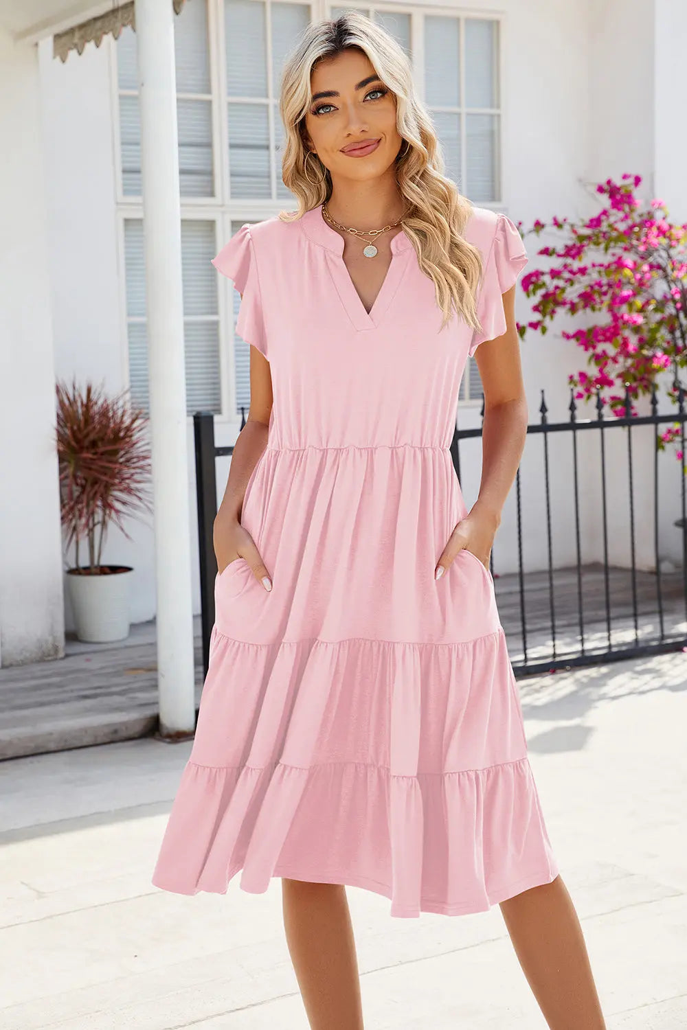 Ruched Notched Cap Sleeve Dress -BazaarBey - www.shopbazaarbey.com