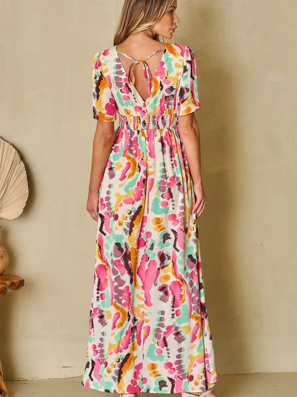 Slit Printed  Short Sleeve Maxi Dress -BazaarBey - www.shopbazaarbey.com