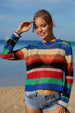 Rainbow Stripe Openwork Long Sleeve Cover-Up Trendsi