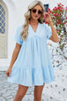 Ruched Tiered V-Neck Short Sleeve Mini Dress -BazaarBey - www.shopbazaarbey.com