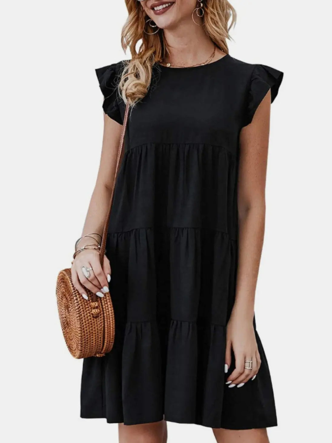 Ruffled Round Neck Cap Sleeve Mini Dress -BazaarBey - www.shopbazaarbey.com
