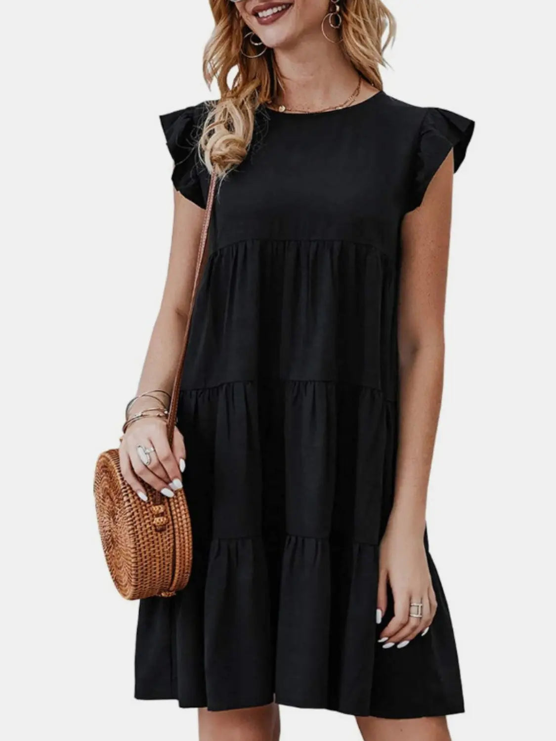 Ruffled Round Neck Cap Sleeve Mini Dress -BazaarBey - www.shopbazaarbey.com