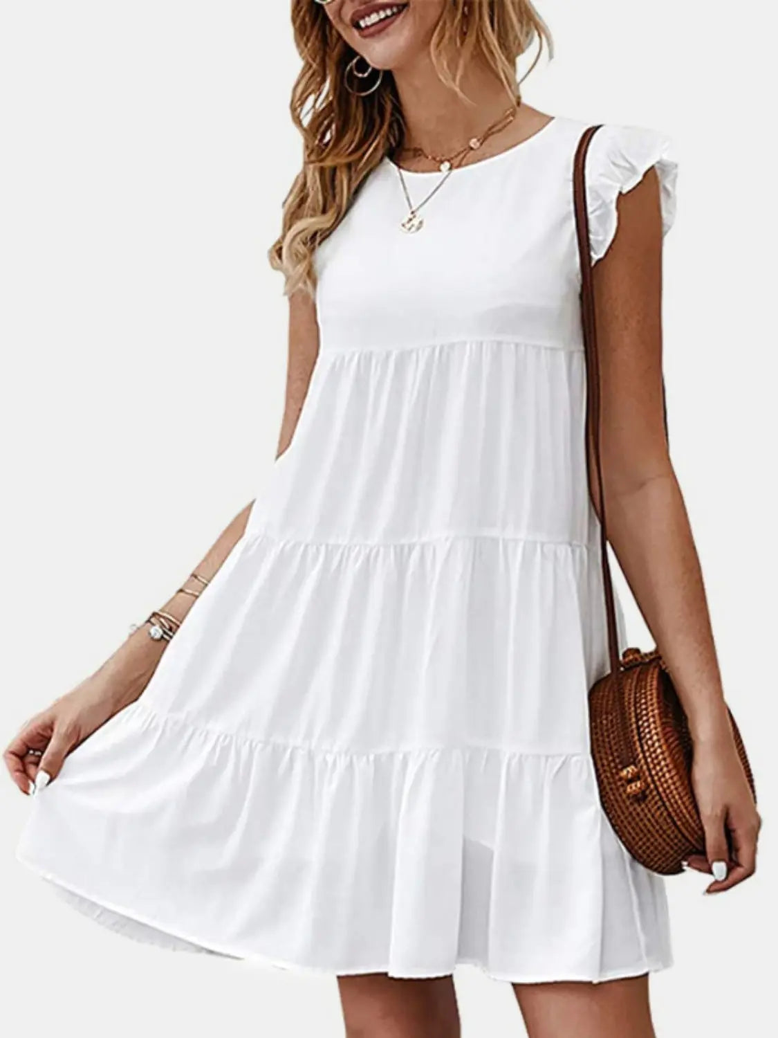 Ruffled Round Neck Cap Sleeve Mini Dress -BazaarBey - www.shopbazaarbey.com