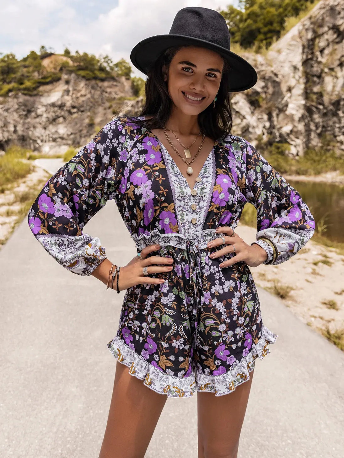 Printed  Half Button Balloon Sleeve Romper Trendsi