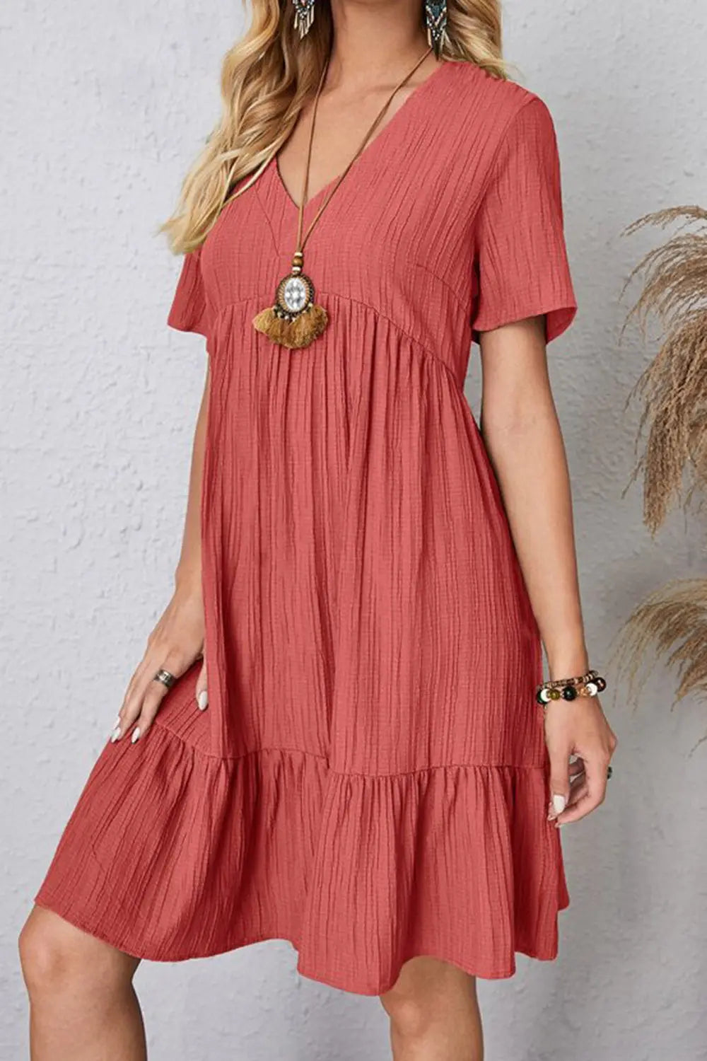 Full Size Ruched V-Neck Short Sleeve Dress -BazaarBey - www.shopbazaarbey.com