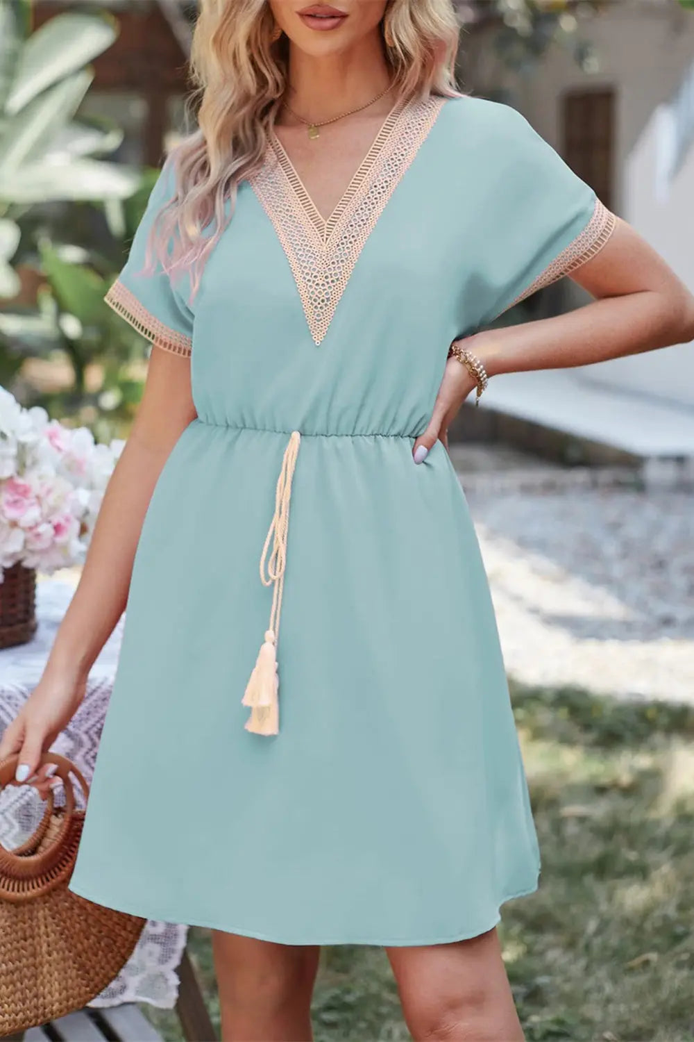 Tassel V-Neck Short Sleeve Dress -BazaarBey - www.shopbazaarbey.com