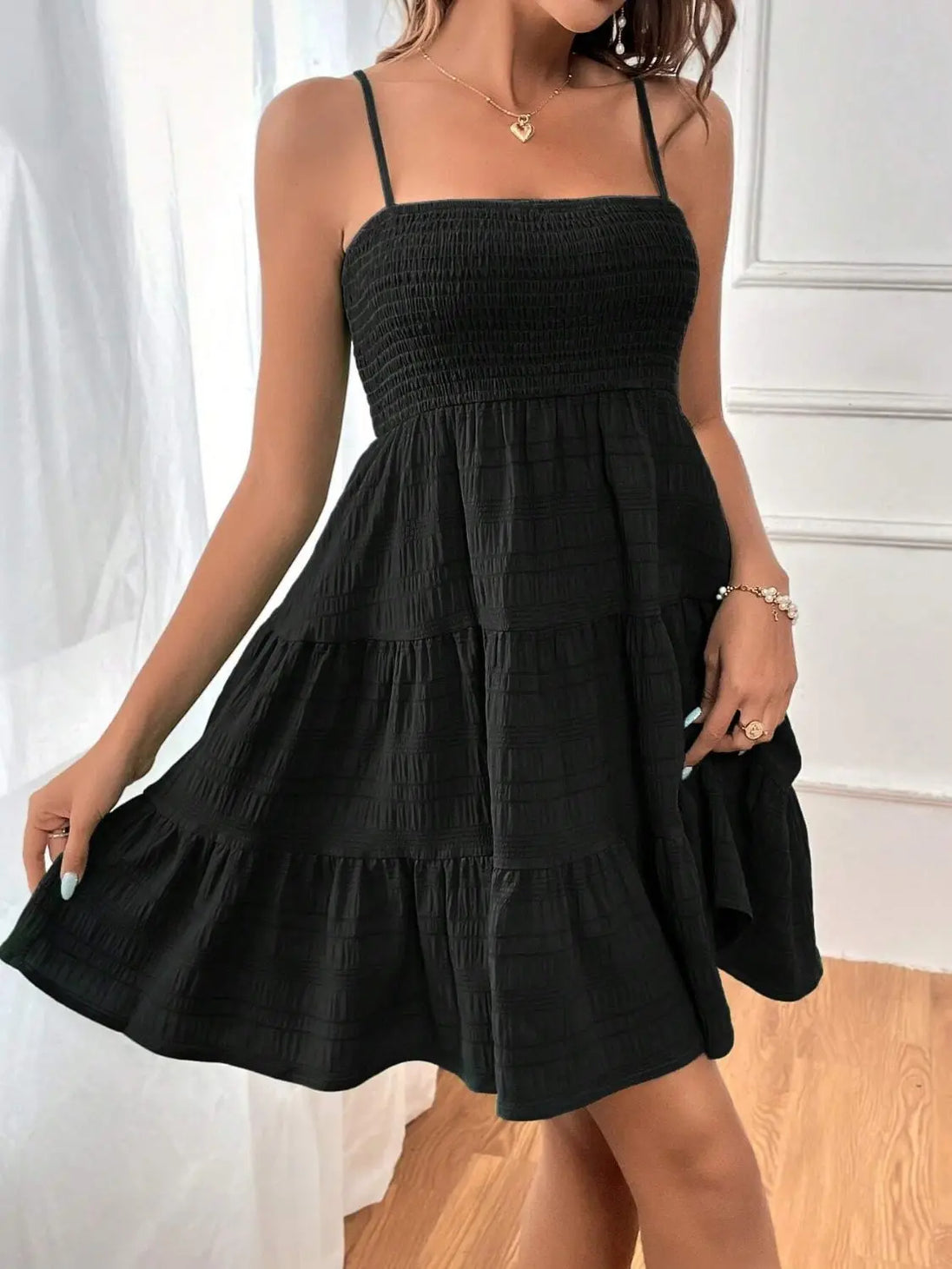 Smocked Tiered Sleeveless Mini Dress -BazaarBey - www.shopbazaarbey.com