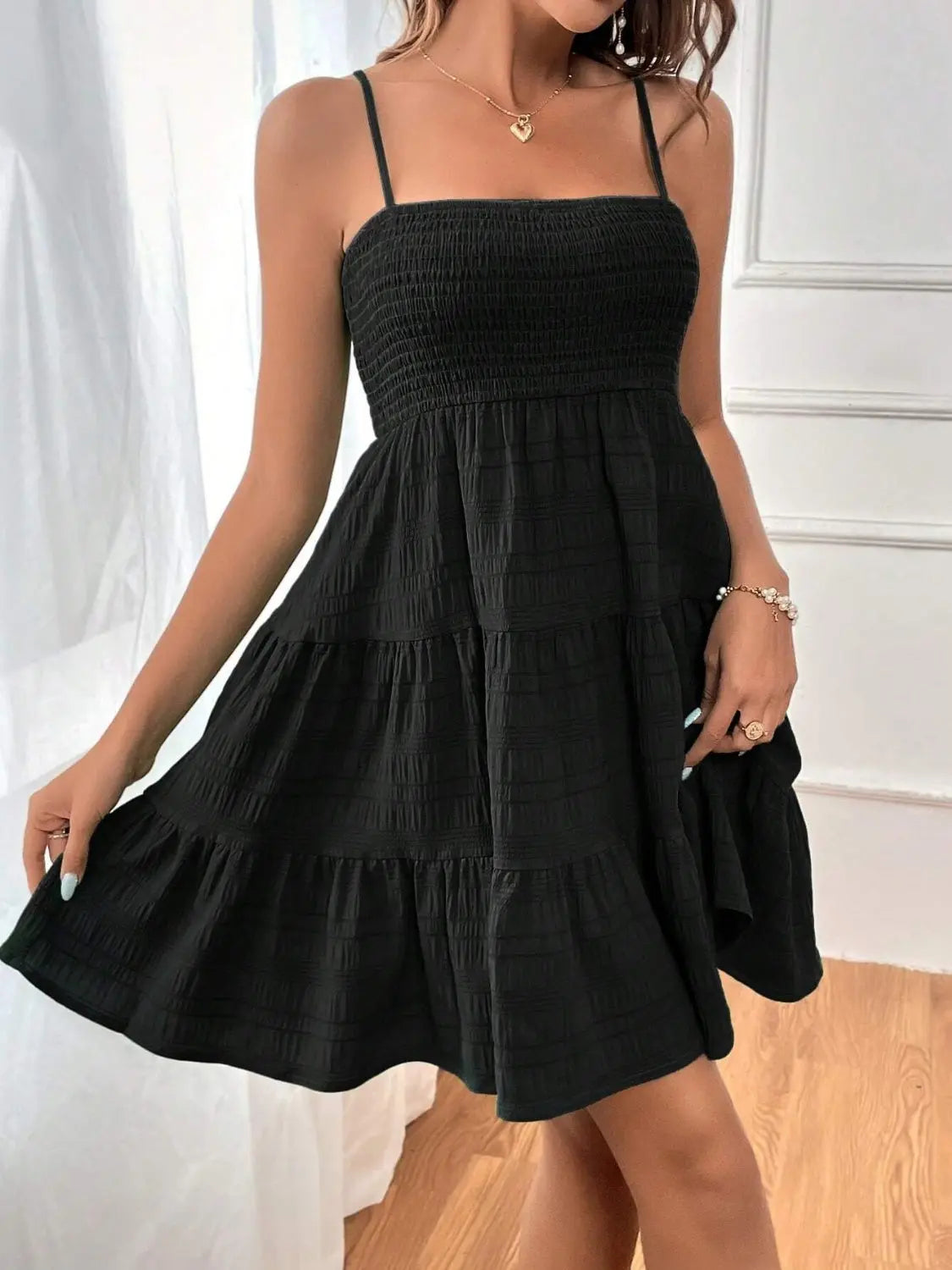 Smocked Tiered Sleeveless Mini Dress -BazaarBey - www.shopbazaarbey.com