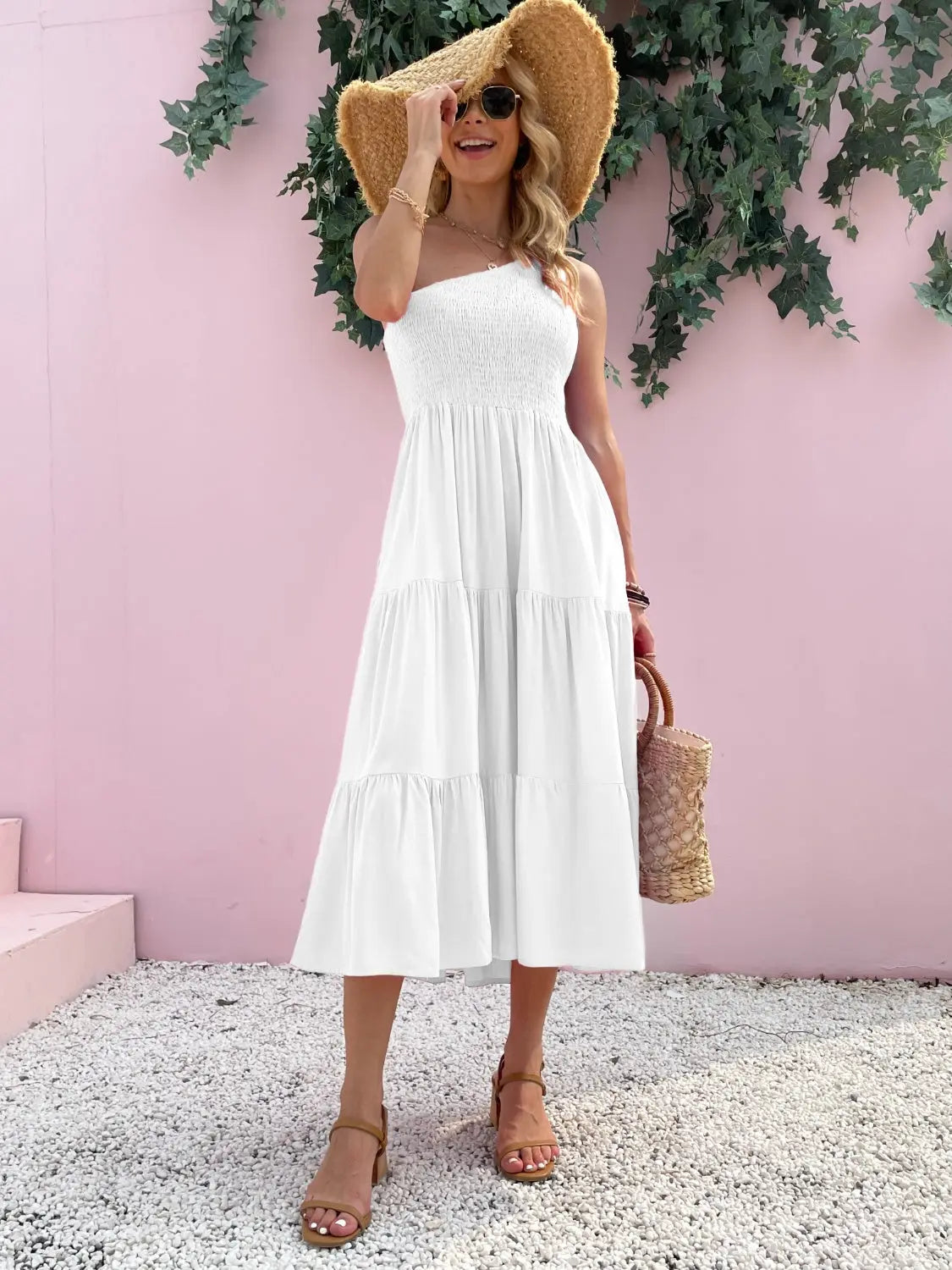 Smocked Single Shoulder Sleeveless Dress -BazaarBey - www.shopbazaarbey.com