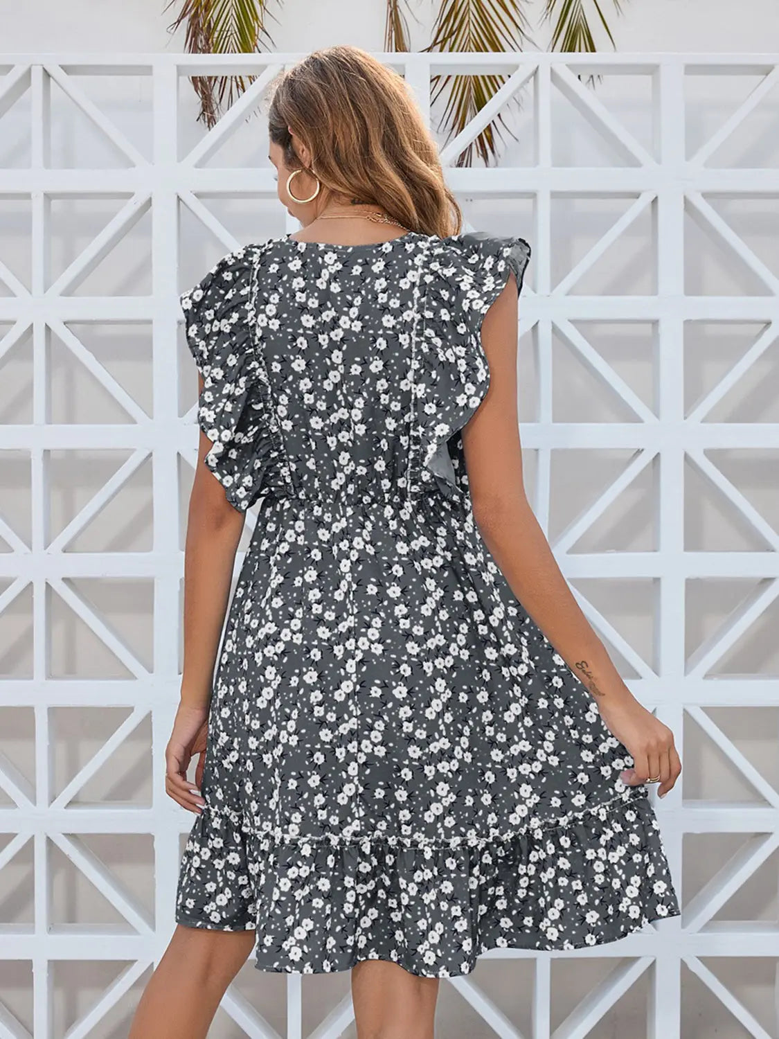 Ruffled  Floral  Mini Dress -BazaarBey - www.shopbazaarbey.com