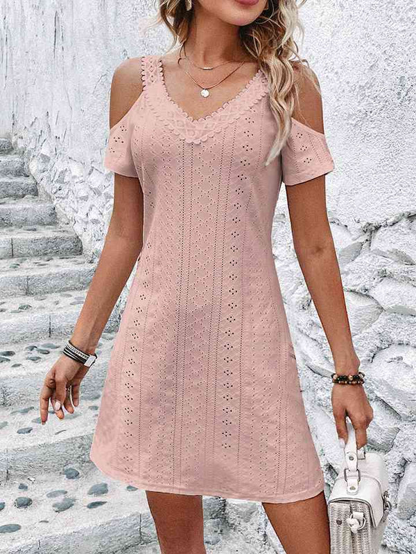  V-Neck Cold-Shoulder Dress -BazaarBey - www.shopbazaarbey.com