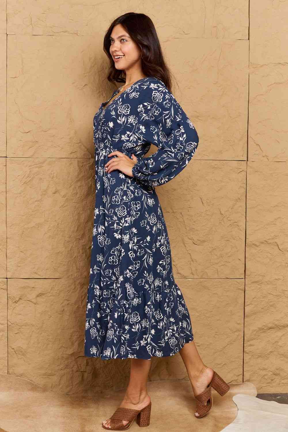  Night Out Full Size Balloon Sleeve Floral Midi Dress -BazaarBey - www.shopbazaarbey.com