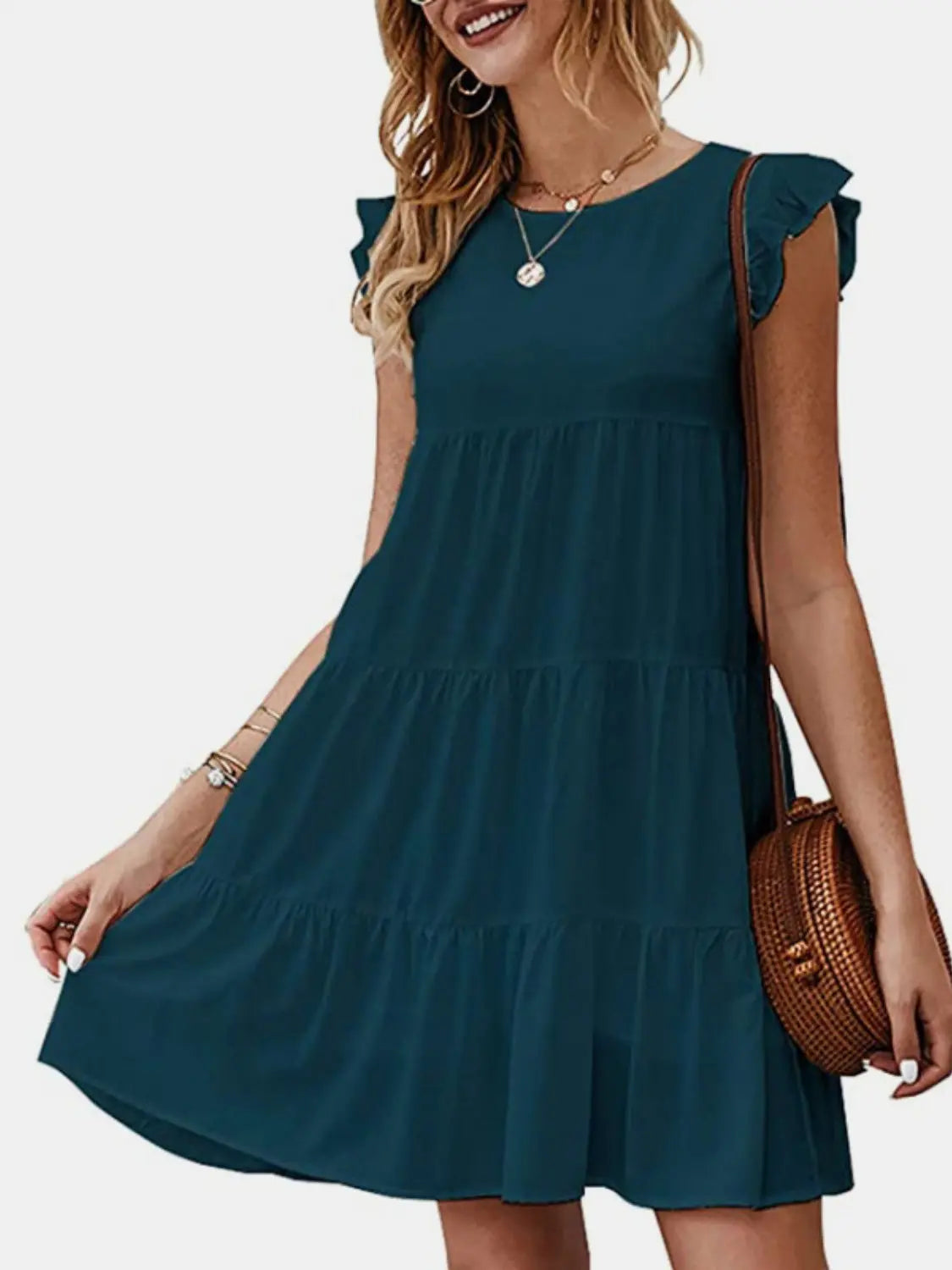 Ruffled Round Neck Cap Sleeve Mini Dress -BazaarBey - www.shopbazaarbey.com
