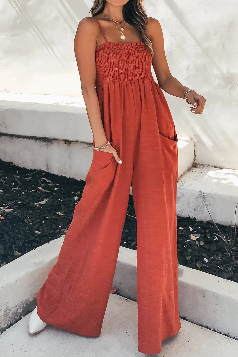 BazaarBey Smocked Spaghetti Strap Wide Leg Jumpsuit