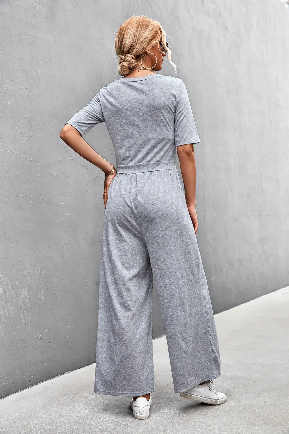 Scoop Neck Half Sleeve Wide Leg Jumpsuit Trendsi