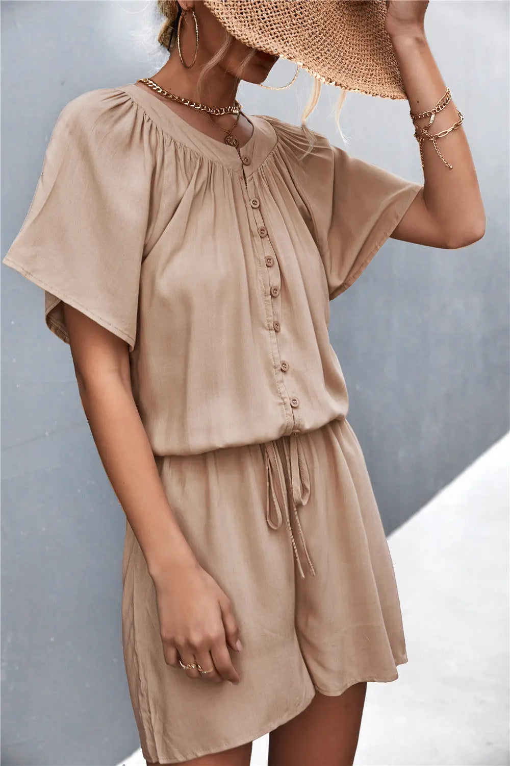 Buttoned Gather Detail Romper Bazaarbey