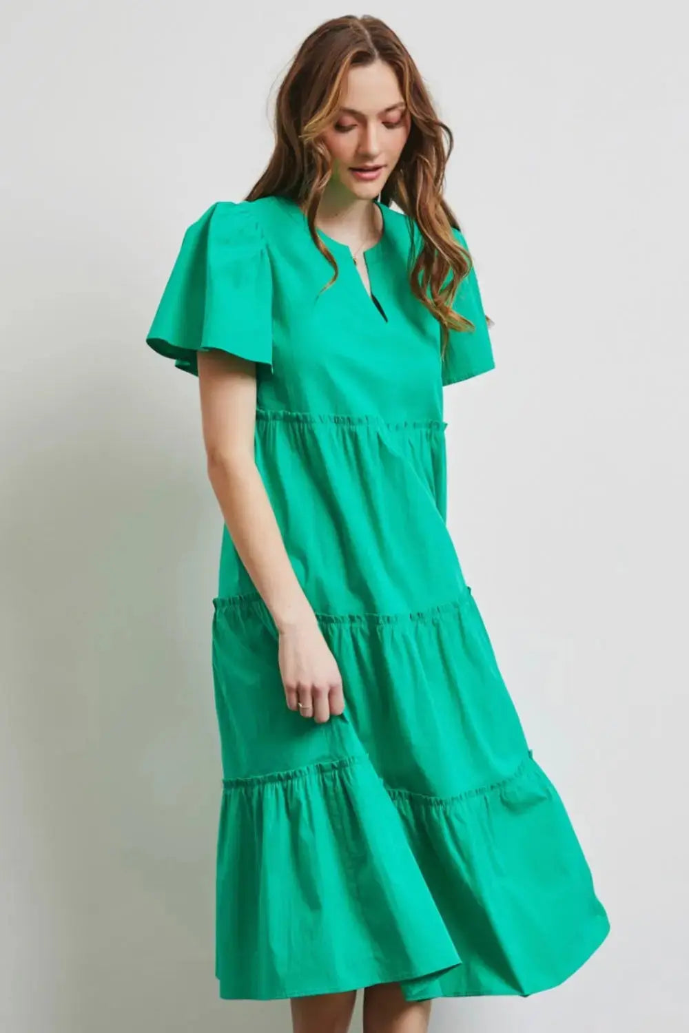  Full Size Cotton Poplin Ruffled Tiered Midi Dress -BazaarBey - www.shopbazaarbey.com