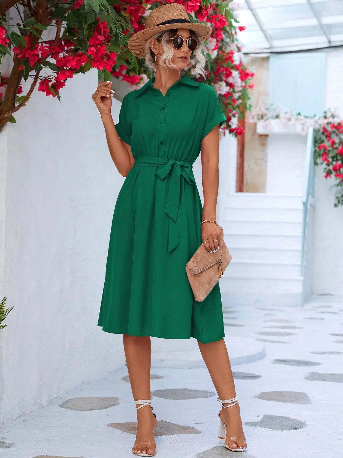 Buttoned Tie Waist Short Sleeve Dress -BazaarBey - www.shopbazaarbey.com